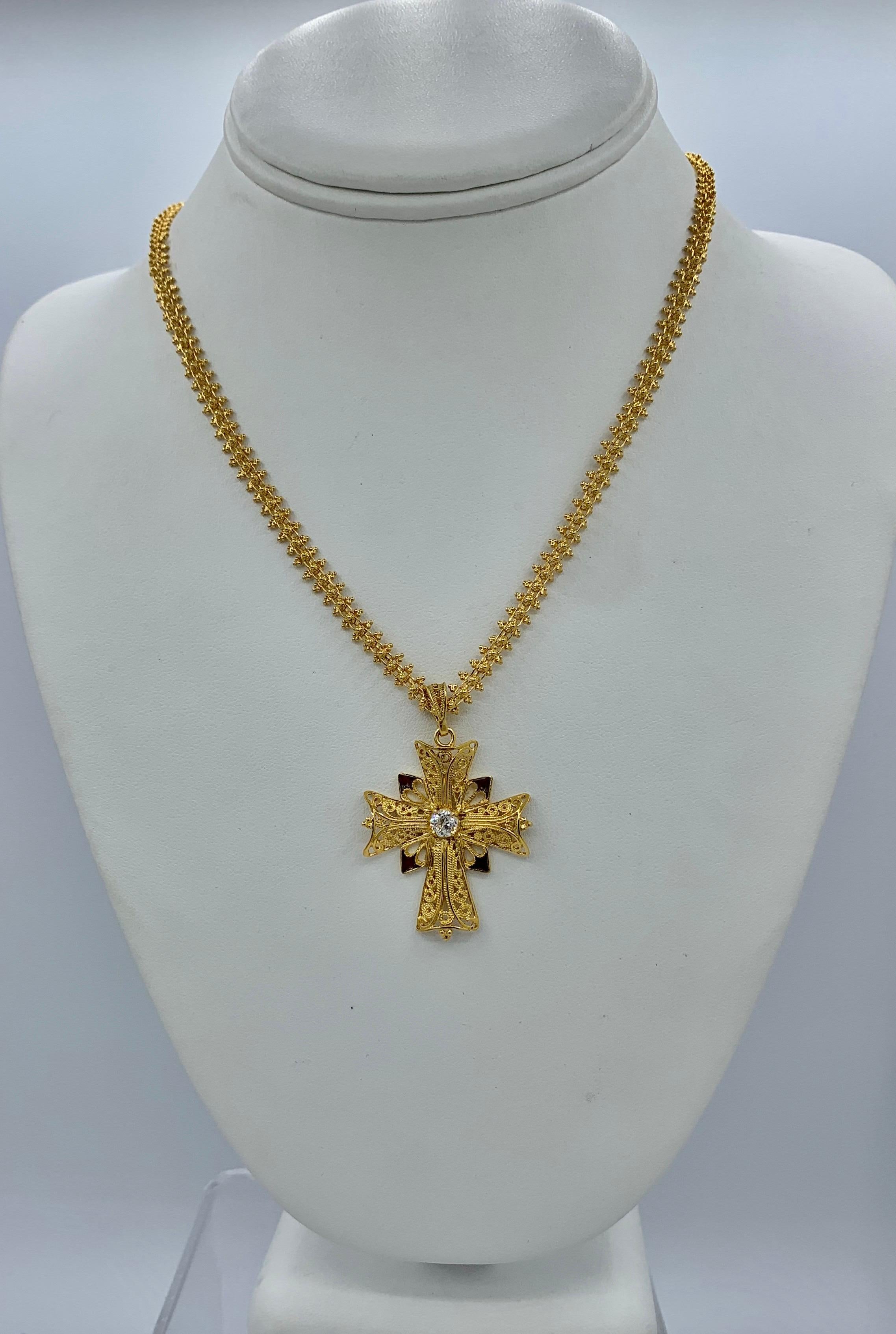 Old Mine Diamond 18 Karat Gold Enamel Cross Necklace Tourmaline Clasp In Excellent Condition For Sale In New York, NY