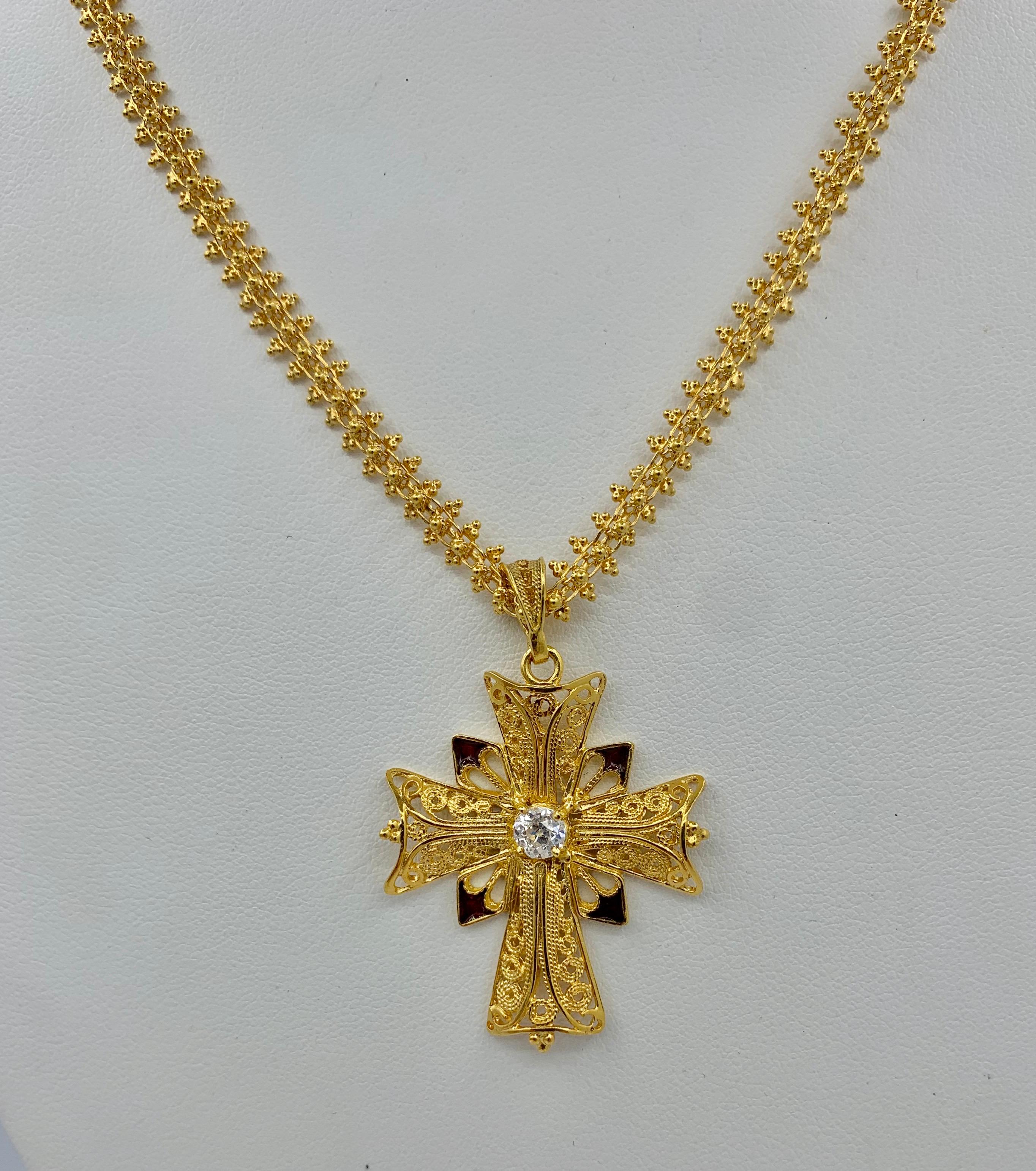 Women's or Men's Old Mine Diamond 18 Karat Gold Enamel Cross Necklace Tourmaline Clasp For Sale