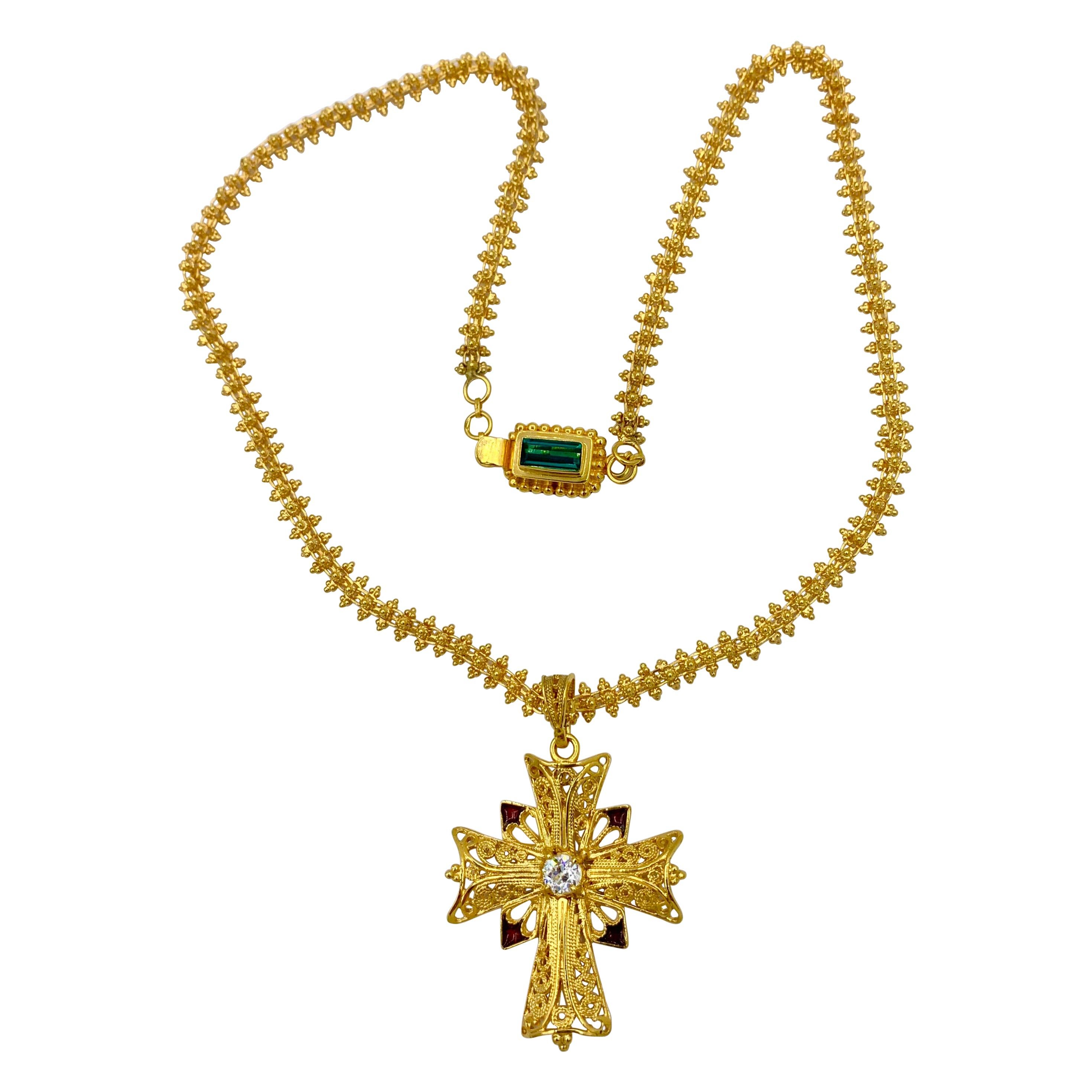 Old Mine Diamond 18 Karat Gold Enamel Cross Necklace Tourmaline Clasp For Sale