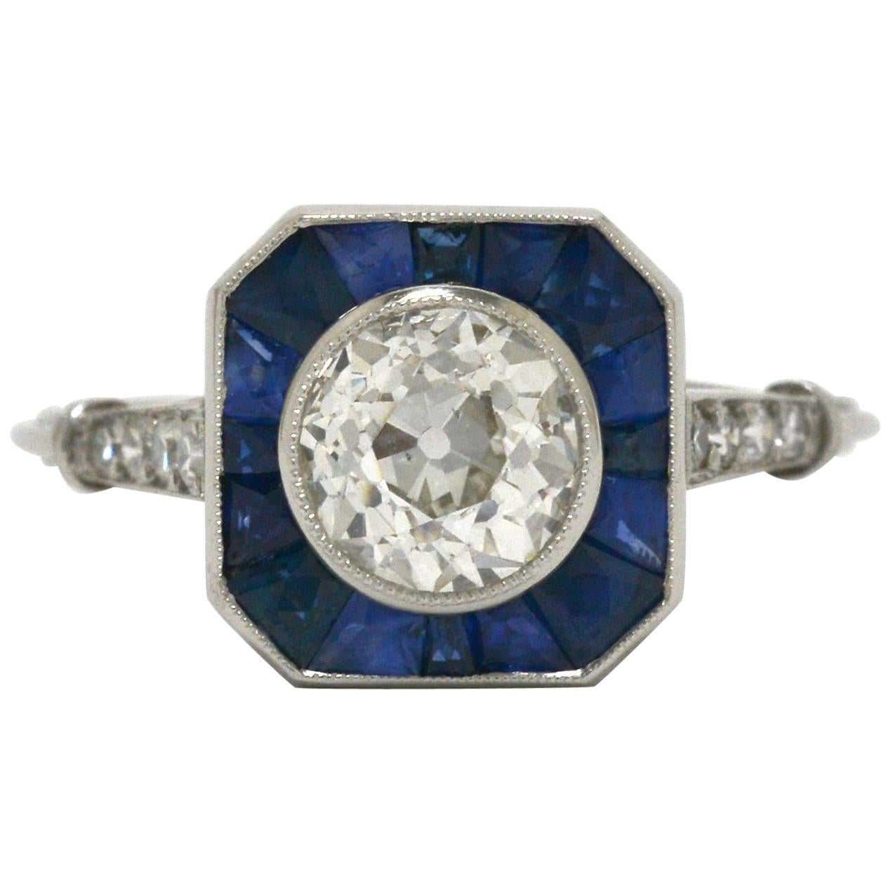 Old Mine Diamond Blue Sapphire Art Deco Style Platinum Engagement Ring