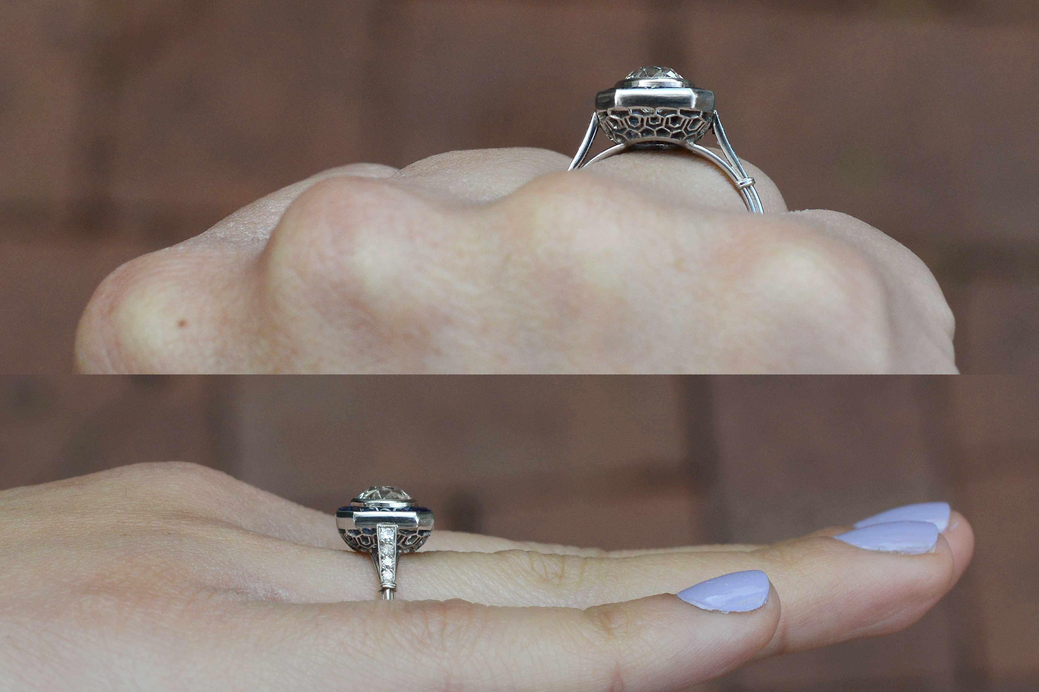 Revival Old Mine Diamond Blue Sapphire Art Deco Style Platinum Engagement Ring