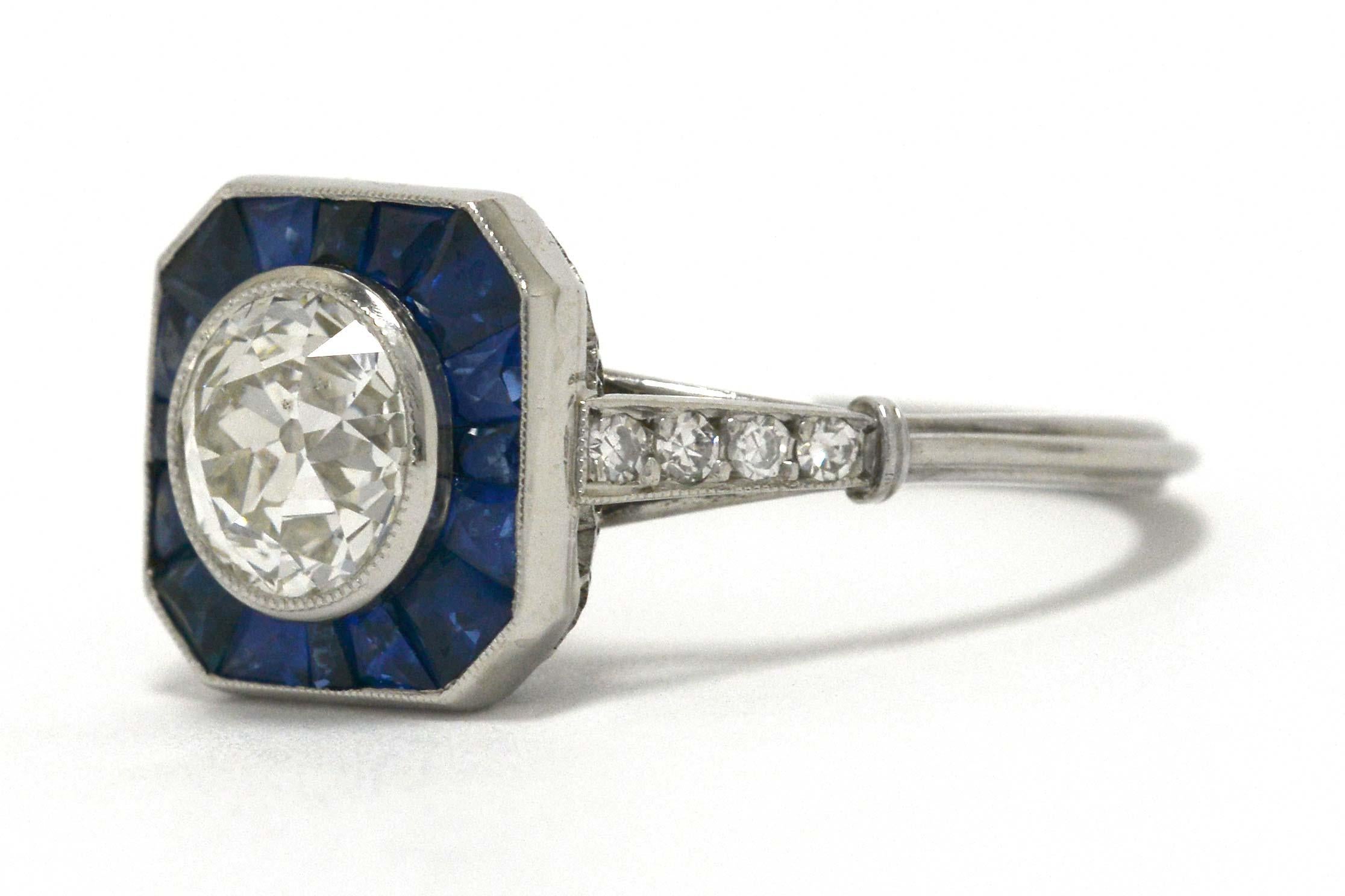 Old Mine Cut Old Mine Diamond Blue Sapphire Art Deco Style Platinum Engagement Ring
