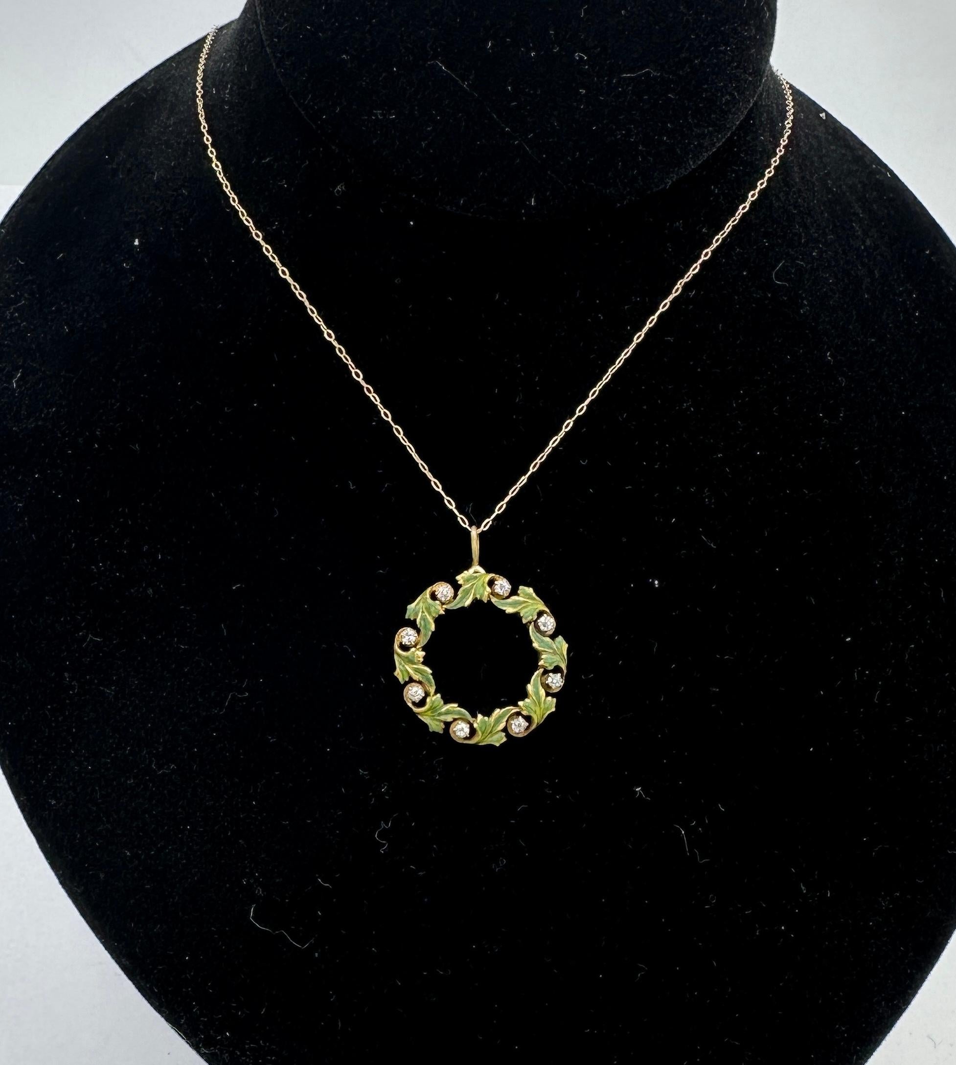 Old Mine Cut Old Mine Diamond Enamel Leaf Wreath Pendant Necklace 14 Karat Gold Victorian