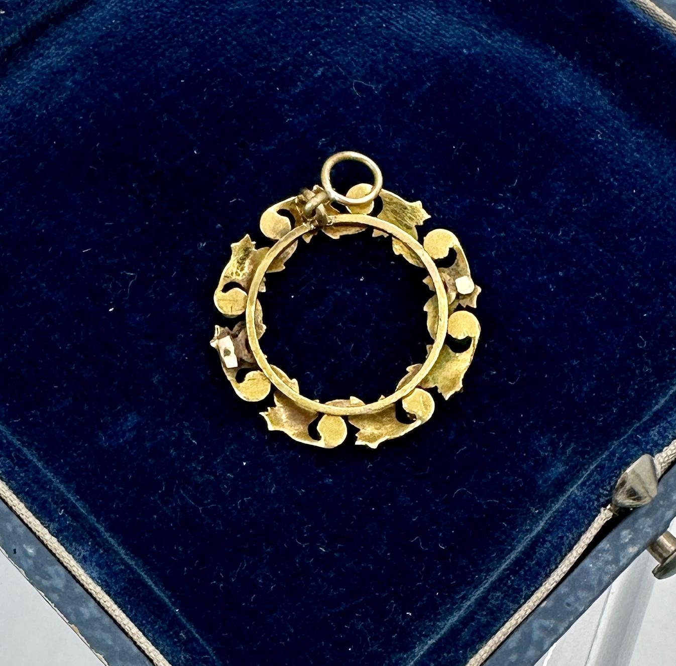 Old Mine Diamond Enamel Leaf Wreath Pendant Necklace 14 Karat Gold Victorian 1