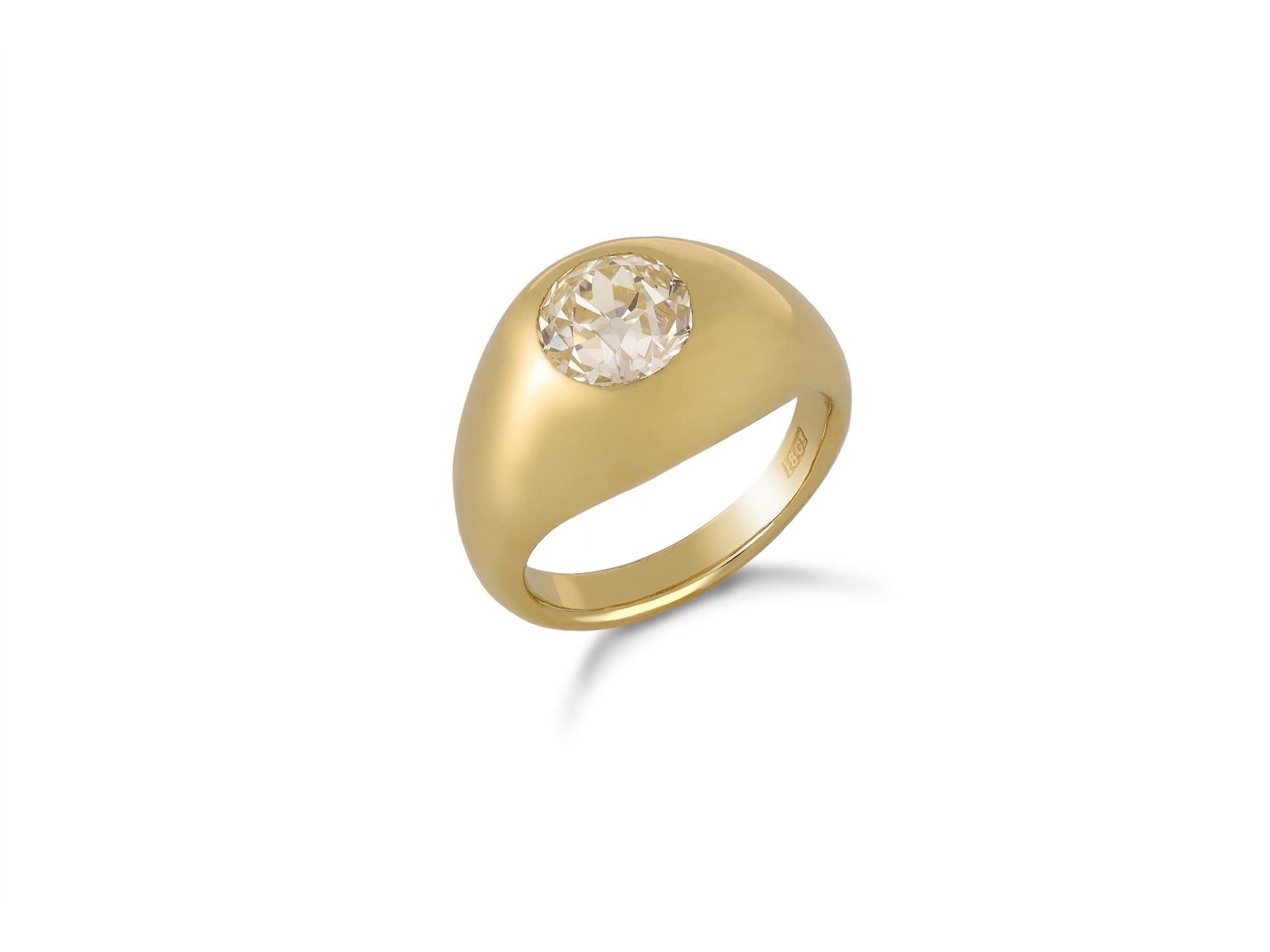 Old mine diamond gypsy ring. Set to centre with a cushion shape old mine diamond, in an open back rubover gypsy setting with an approximate weight of 2.20 carats, to a heavy solitaire design with a curved tapering bezel, polished edges and pierced