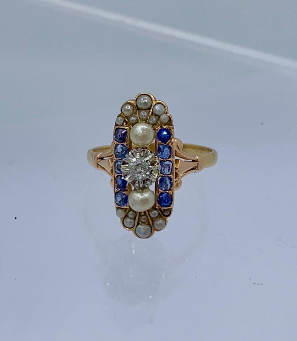Old Mine Diamond Natural Sapphire Platinum Wedding Engagement Ring Victorian For Sale 1