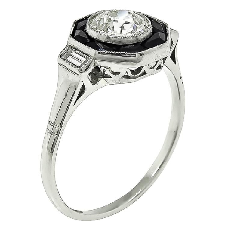 Art Deco Old Mine Diamond Onyx Platinum Engagement Ring