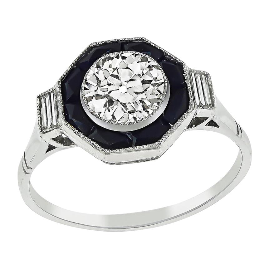 Old Mine Diamond Onyx Platinum Engagement Ring