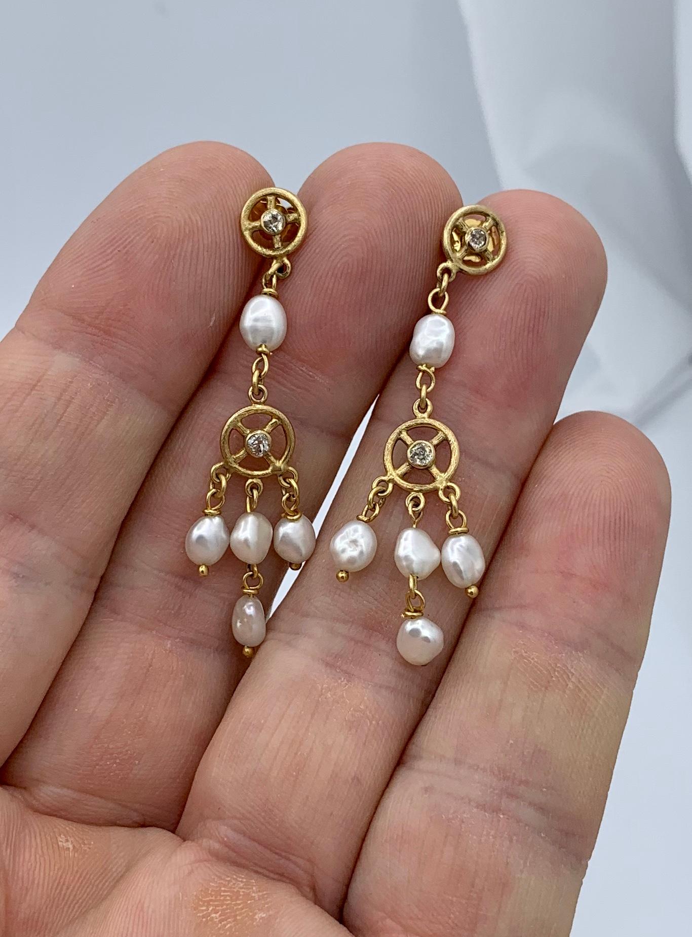 Modern Old Mine Diamond Pearl Dangle Drop Earrings 14 Karat Yellow Gold