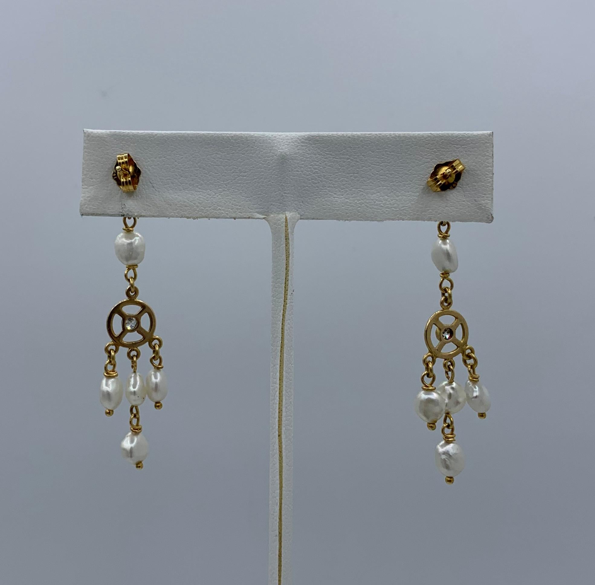 Old Mine Diamond Pearl Dangle Drop Earrings 14 Karat Yellow Gold In Excellent Condition In New York, NY