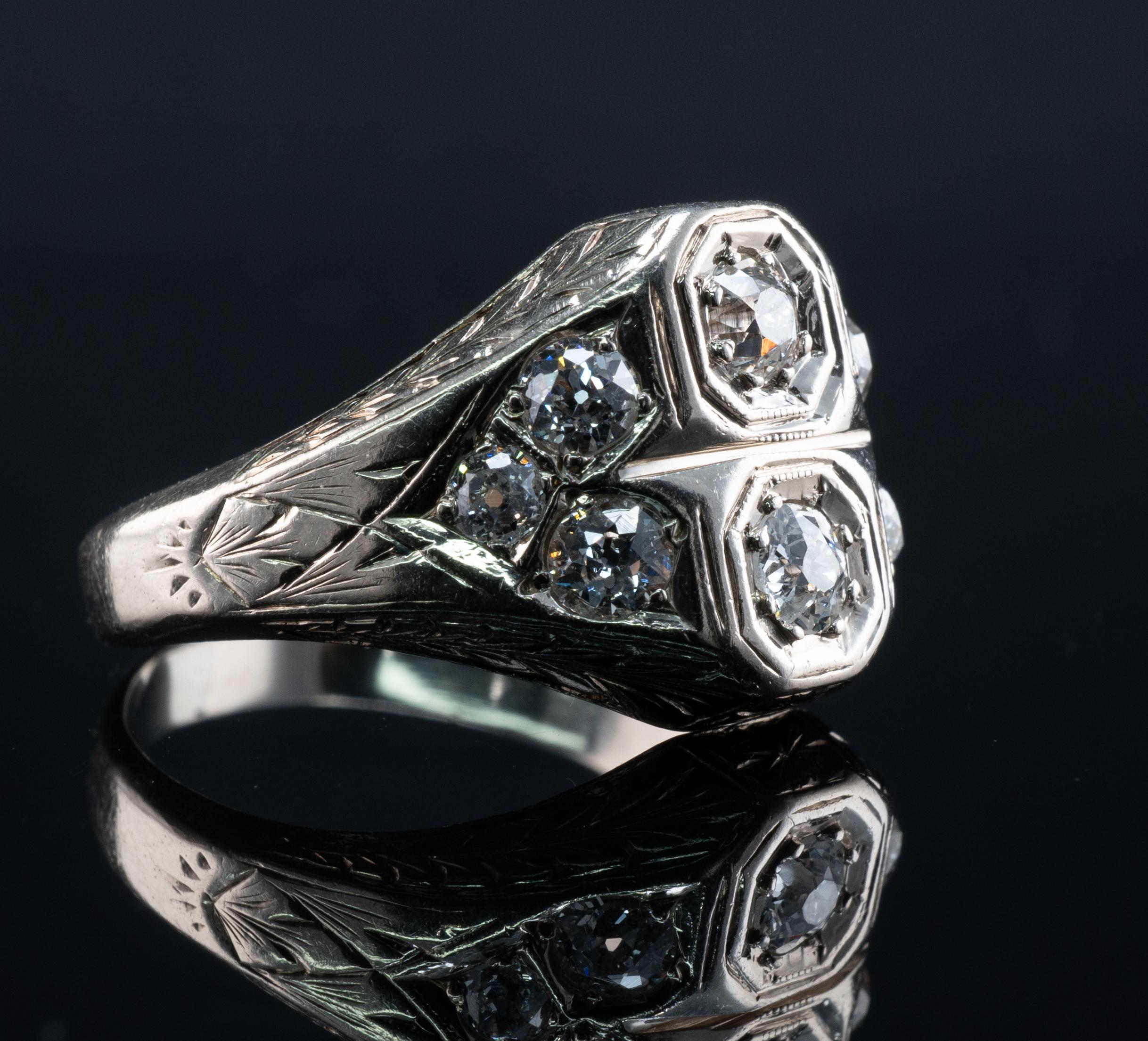 Old Mine Diamond Ring 14K White Gold Art Deco .82 TDW For Sale 3