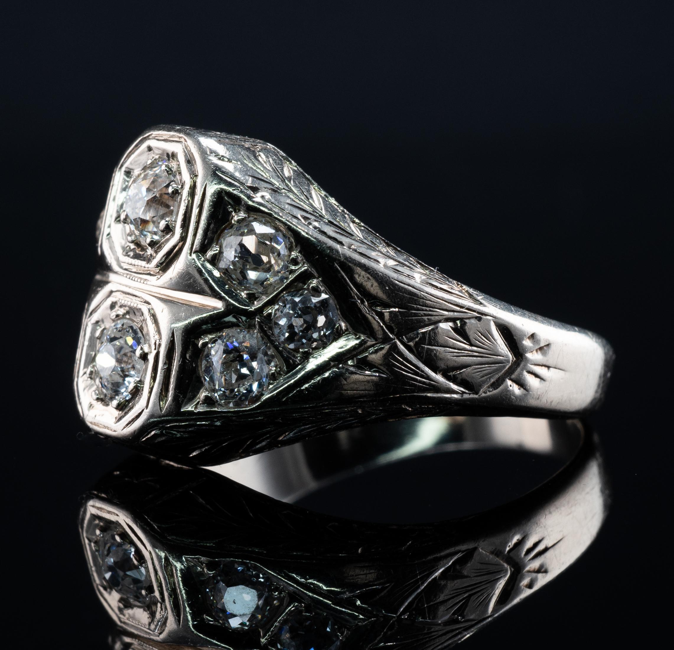 Old Mine Diamond Ring 14K White Gold Art Deco .82 TDW For Sale 4
