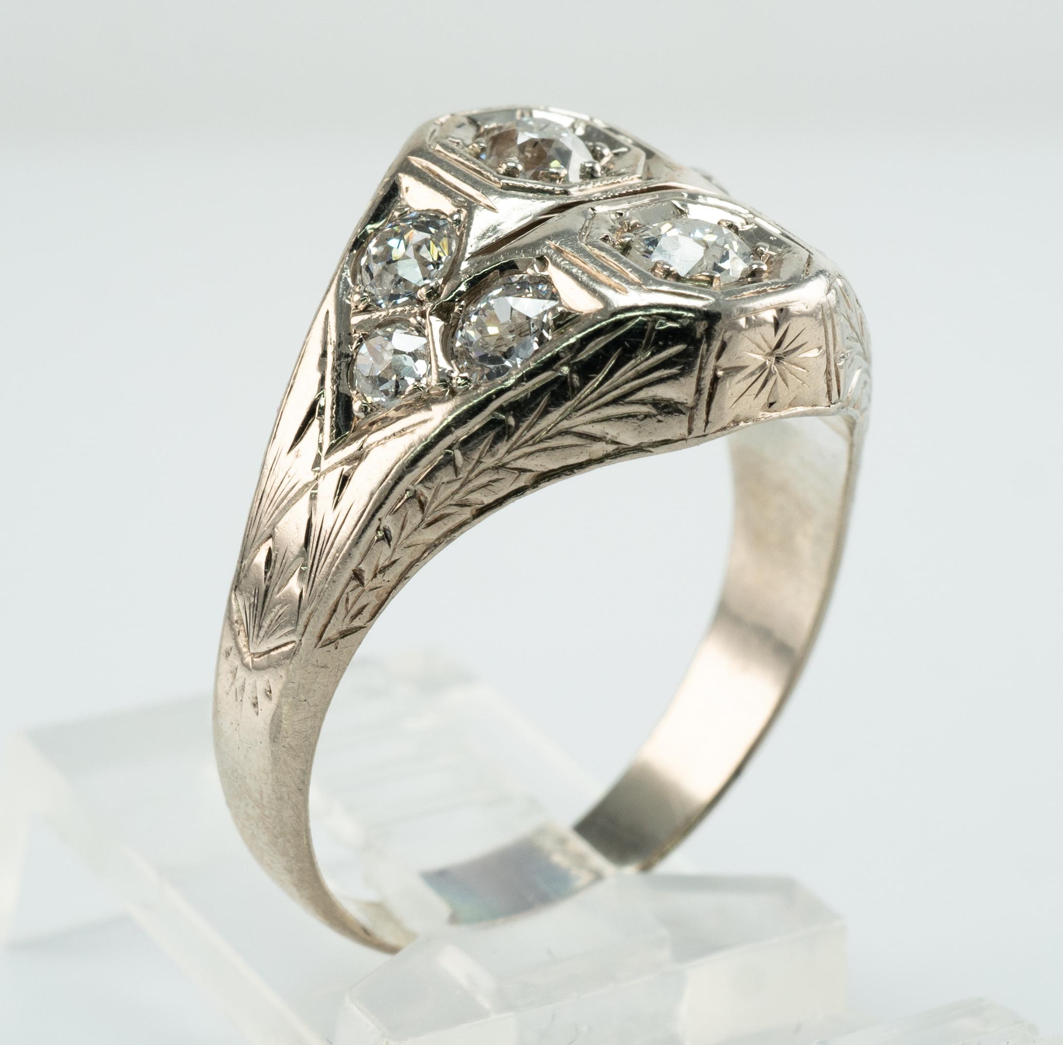 Women's Old Mine Diamond Ring 14K White Gold Art Deco .82 TDW For Sale