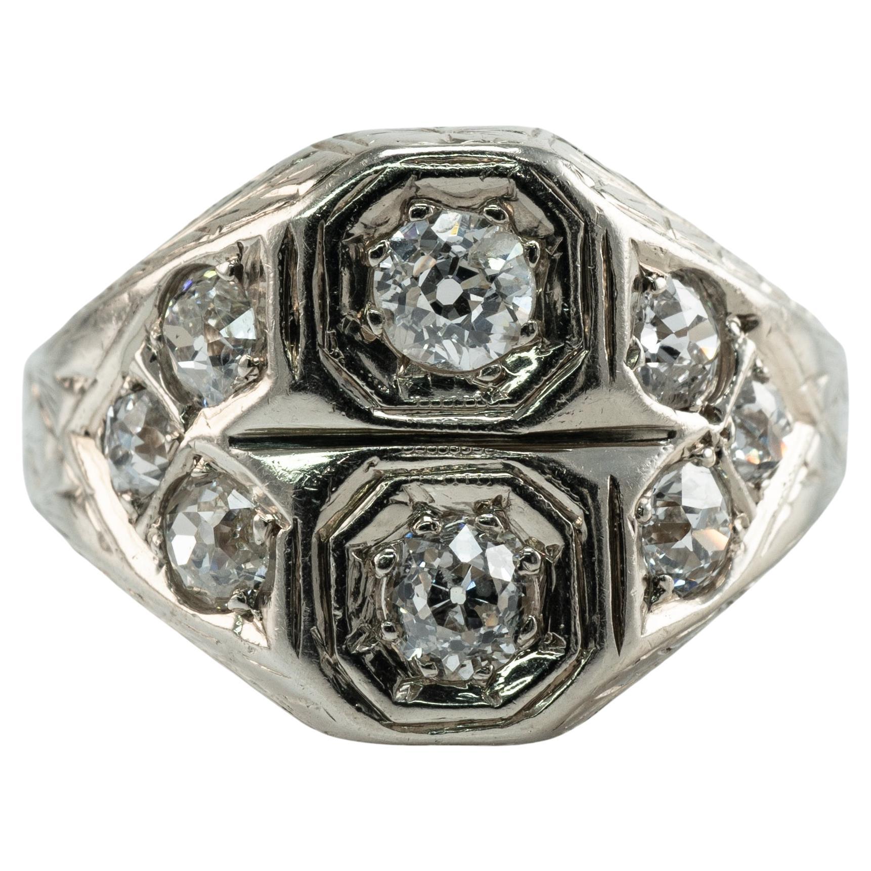 Old Mine Diamond Ring 14K White Gold Art Deco .82 TDW For Sale