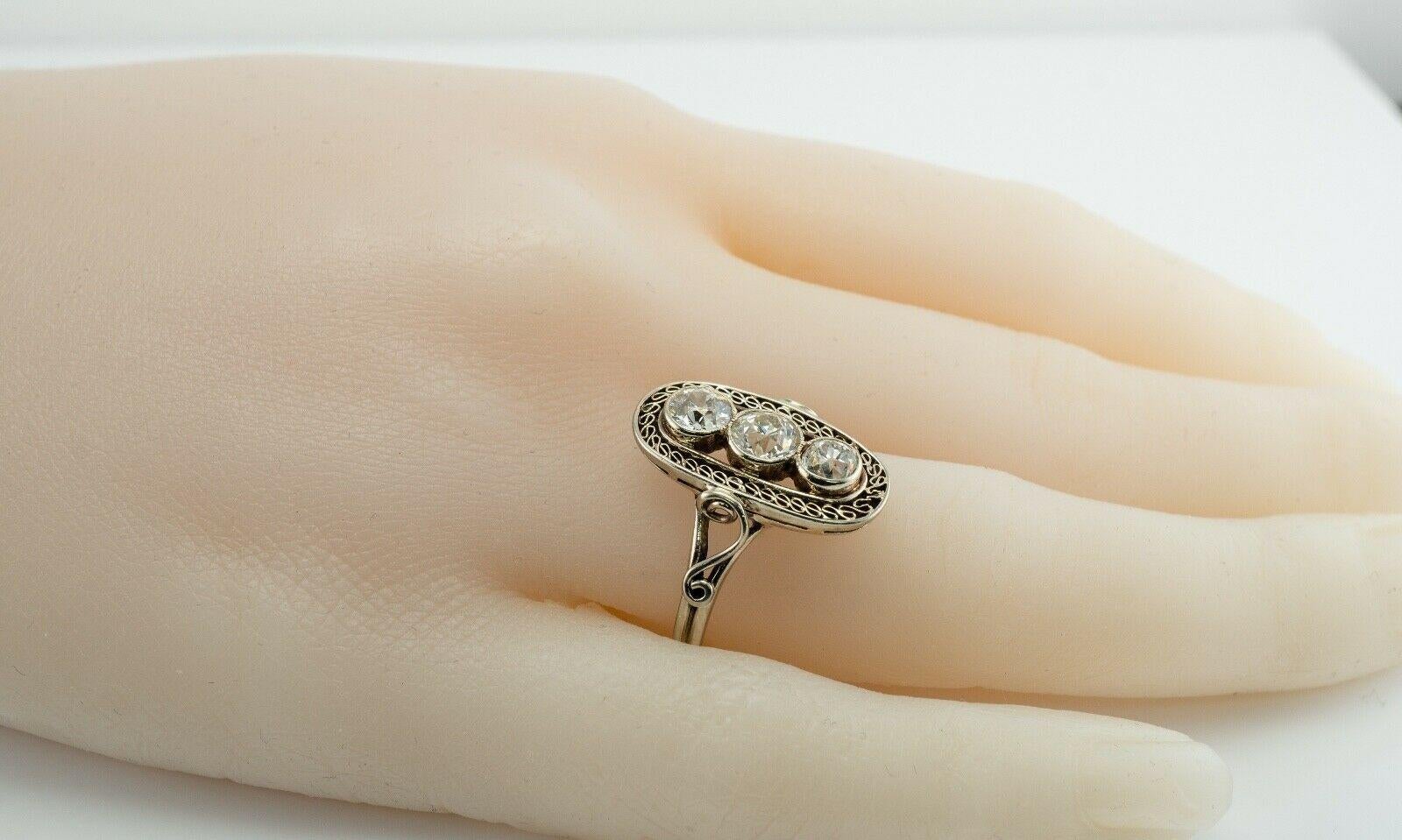 Old mine Diamond Ring 14K White Gold Art Deco Three stones 1.30 TDW im Angebot 7