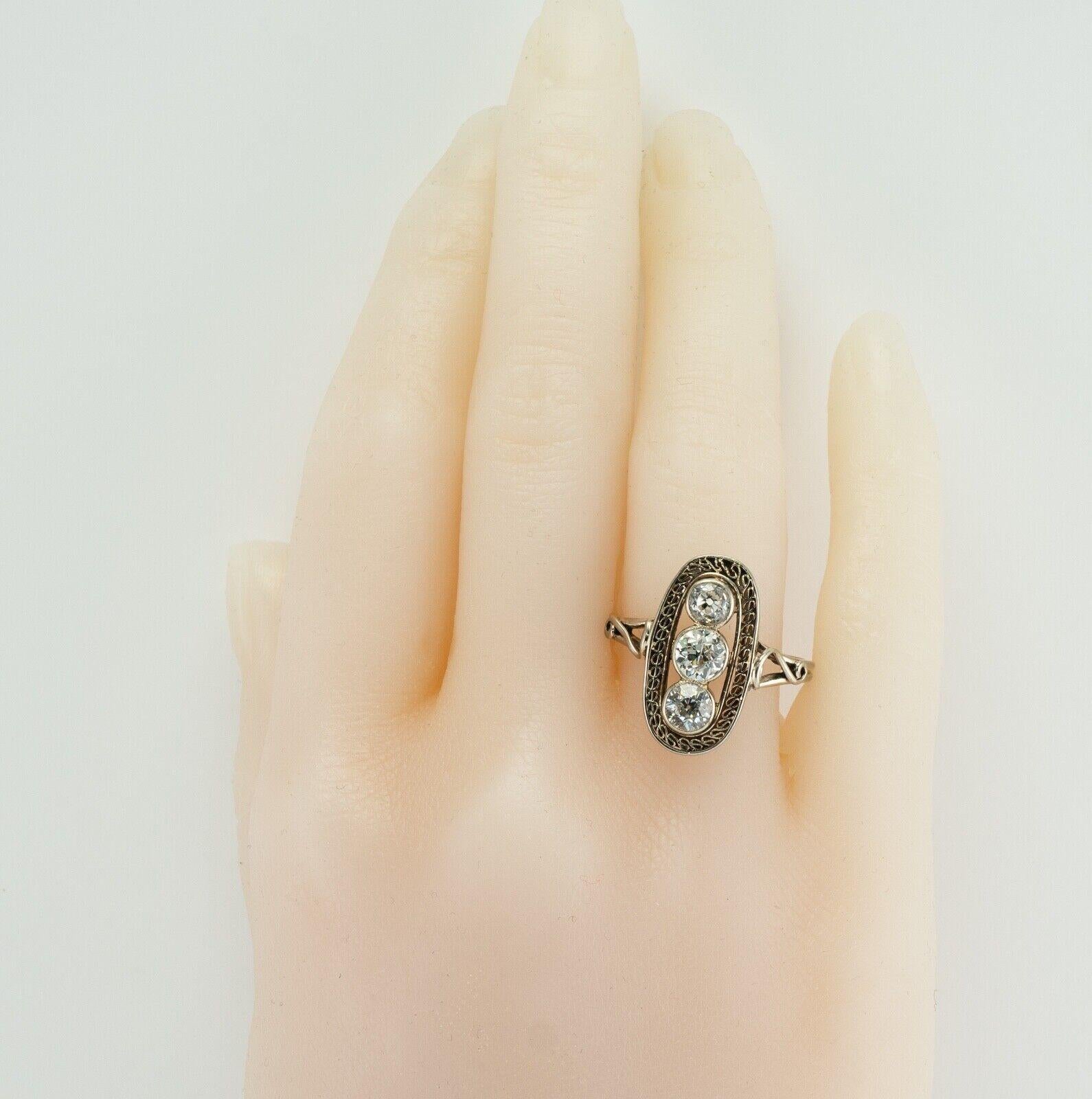 Old mine Diamond Ring 14K White Gold Art Deco Three stones 1.30 TDW im Angebot 1