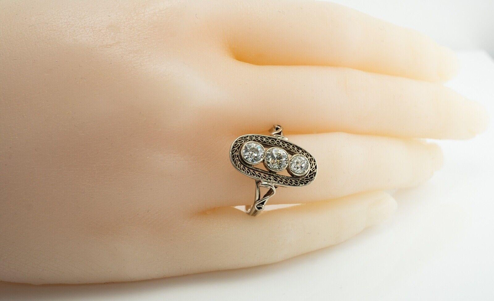 Old mine Diamond Ring 14K White Gold Art Deco Three stones 1.30 TDW im Angebot 3