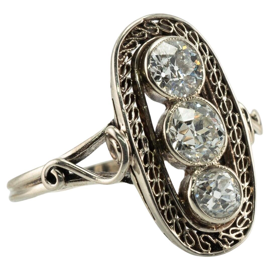 Old mine Diamond Ring 14K White Gold Art Deco Three stones 1.30 TDW im Angebot