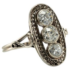 Old mine Diamond Ring 14K White Gold Art Deco Three stones 1.30 TDW