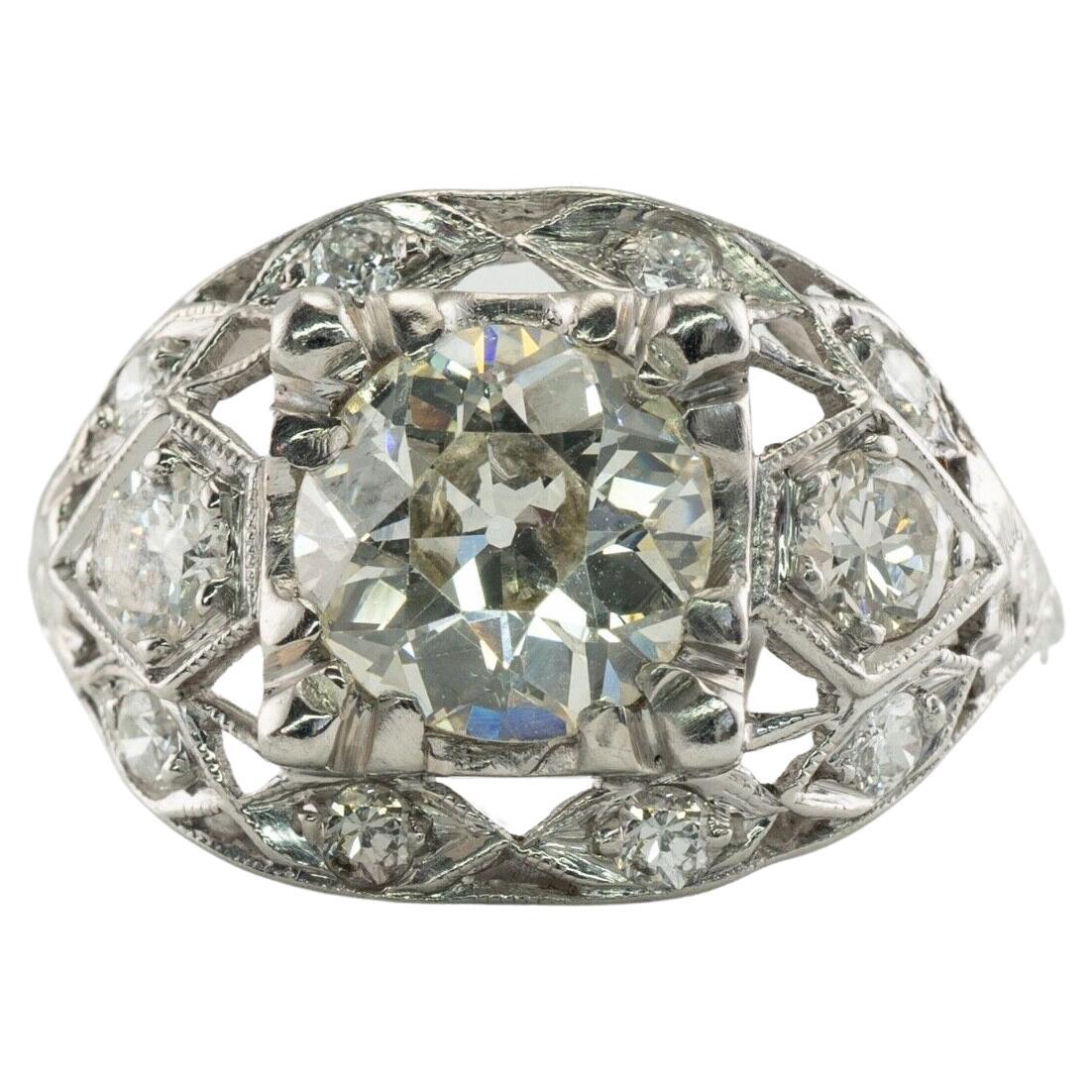 Old Mine Diamond Ring Platinum 2.05 TDW Vintage Engagement For Sale