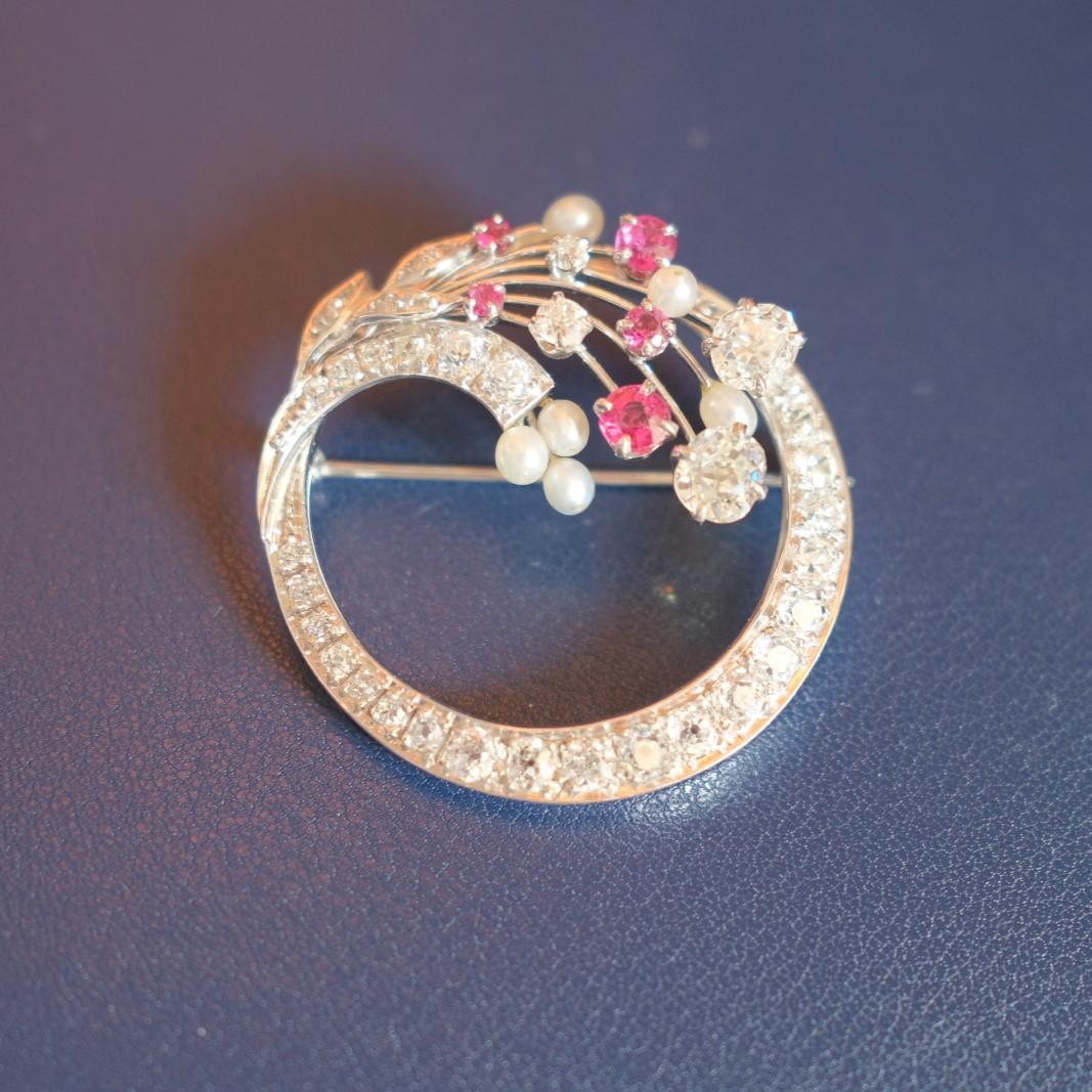 Old Mine Cut Old Mine Diamond Ruby Cultured Pearl 14K Gold Wreath Brooch
