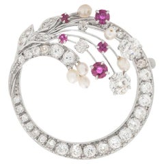Old Mine Diamond Ruby Cultured Pearl 14K Gold Wreath Brooch