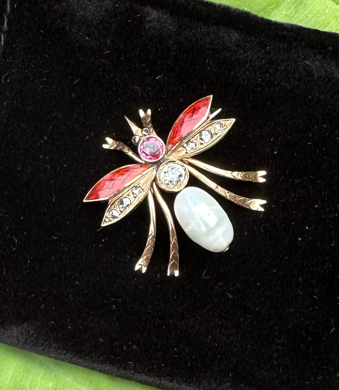 Old Mine Cut Old Mine Diamond Ruby Sapphire Enamel Insect Bug Fly Brooch Art Nouveau Gold For Sale