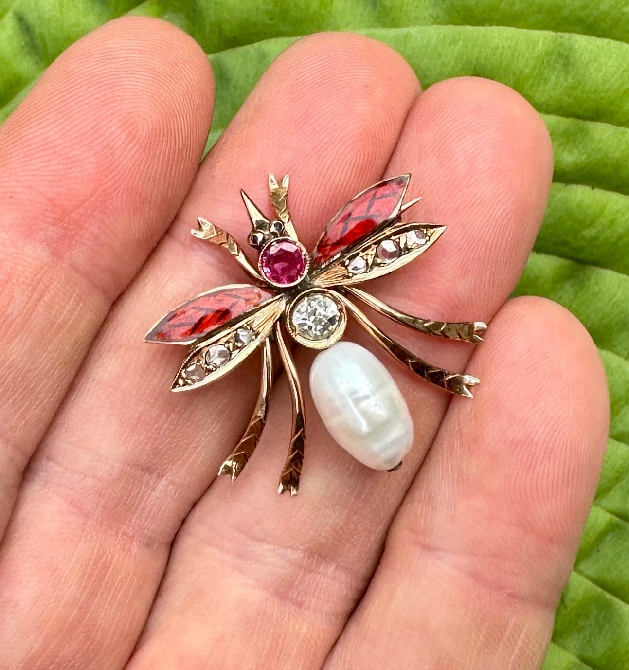 Old Mine Diamond Ruby Sapphire Enamel Insect Bug Fly Brooch Art Nouveau Gold In Excellent Condition For Sale In New York, NY