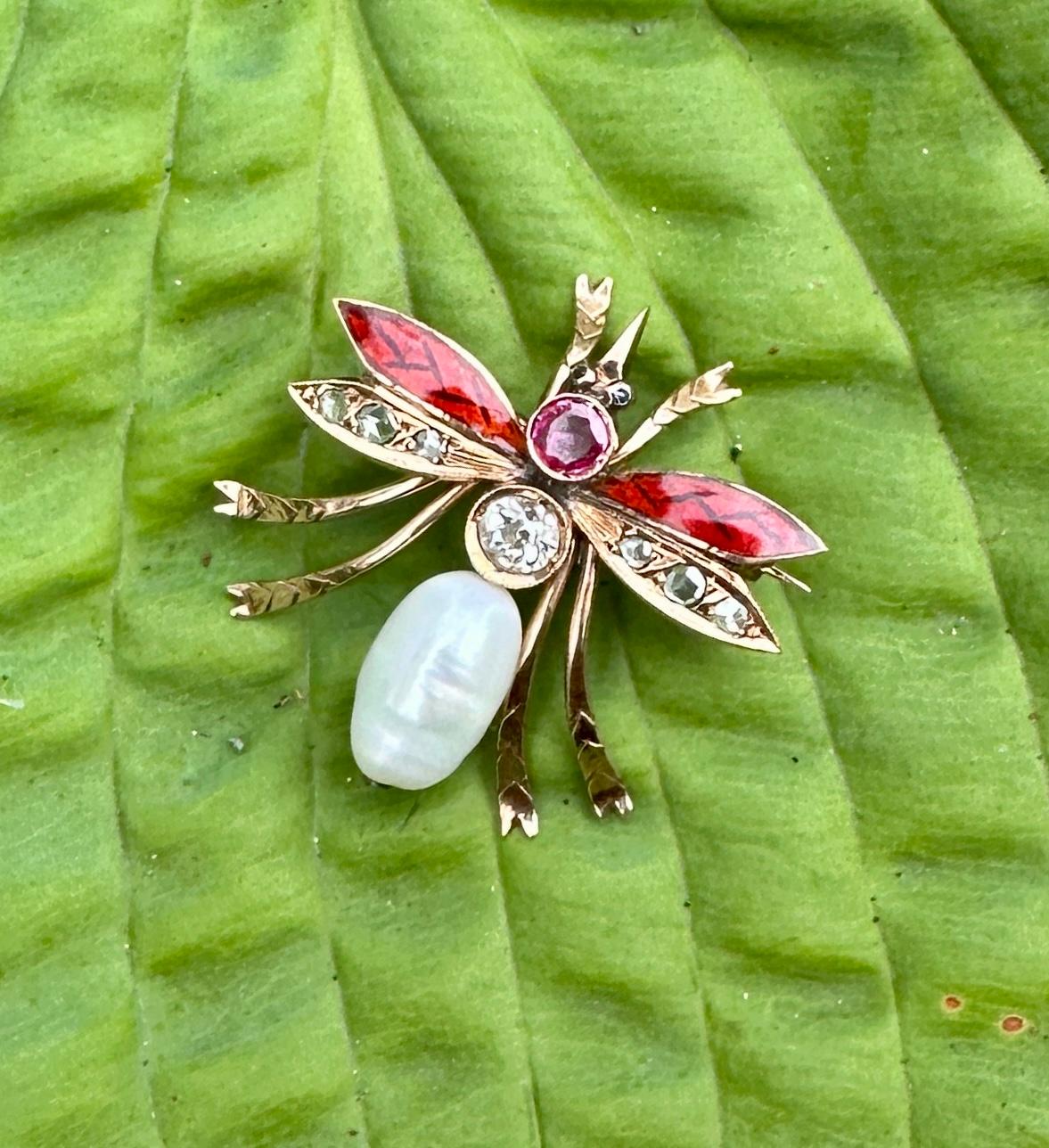 Old Mine Diamant Rubin Saphir Emaille Insect Bug Fly Brosche Art Nouveau Gold Jugendstil im Angebot 2