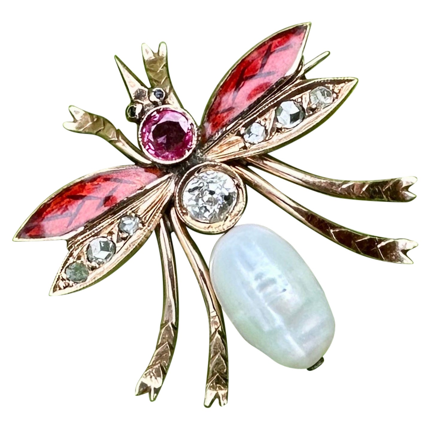 Old Mine Diamond Ruby Sapphire Enamel Insect Bug Fly Brooch Art Nouveau Gold