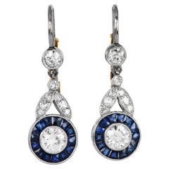 Pendientes de Gota de Platino Zafiro Diamante Mina Antigua