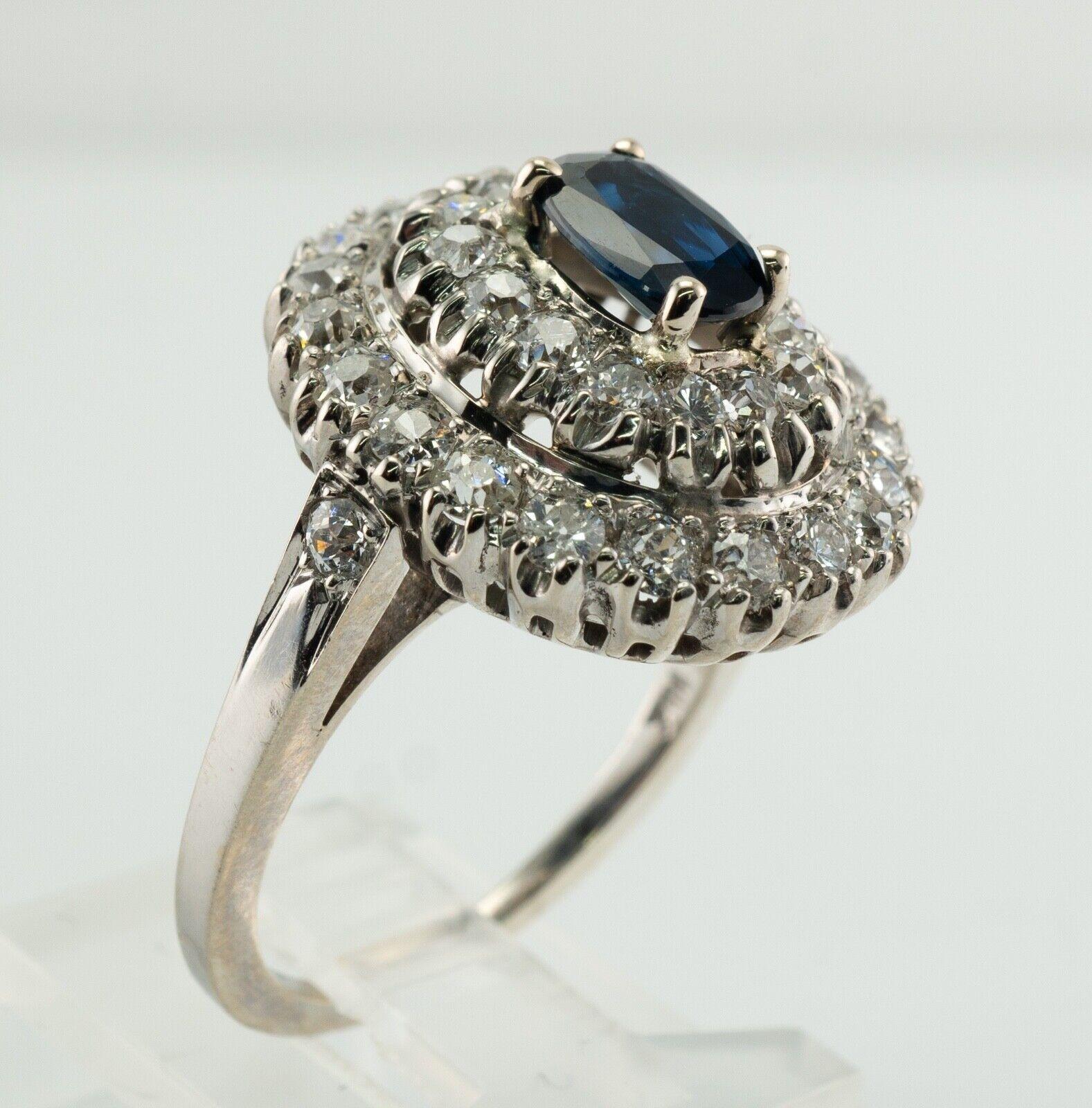 Old Mine Diamond Sapphire Ring 14K White Gold Vintage For Sale 4