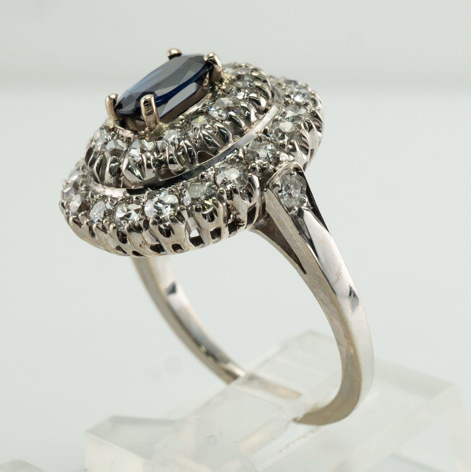 Old Mine Diamond Sapphire Ring 14K White Gold Vintage For Sale 5