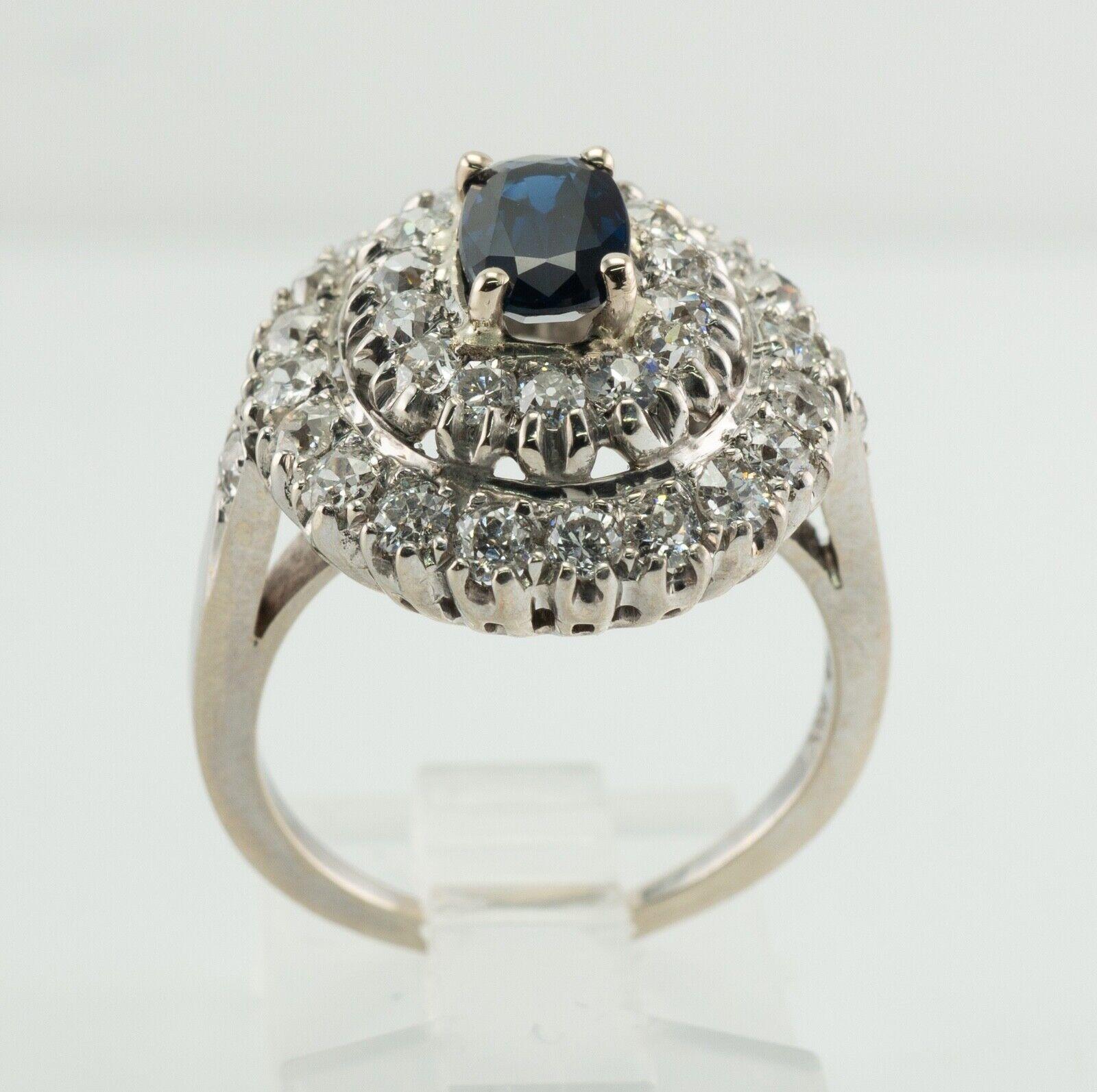 Old Mine Diamond Sapphire Ring 14K White Gold Vintage For Sale 7