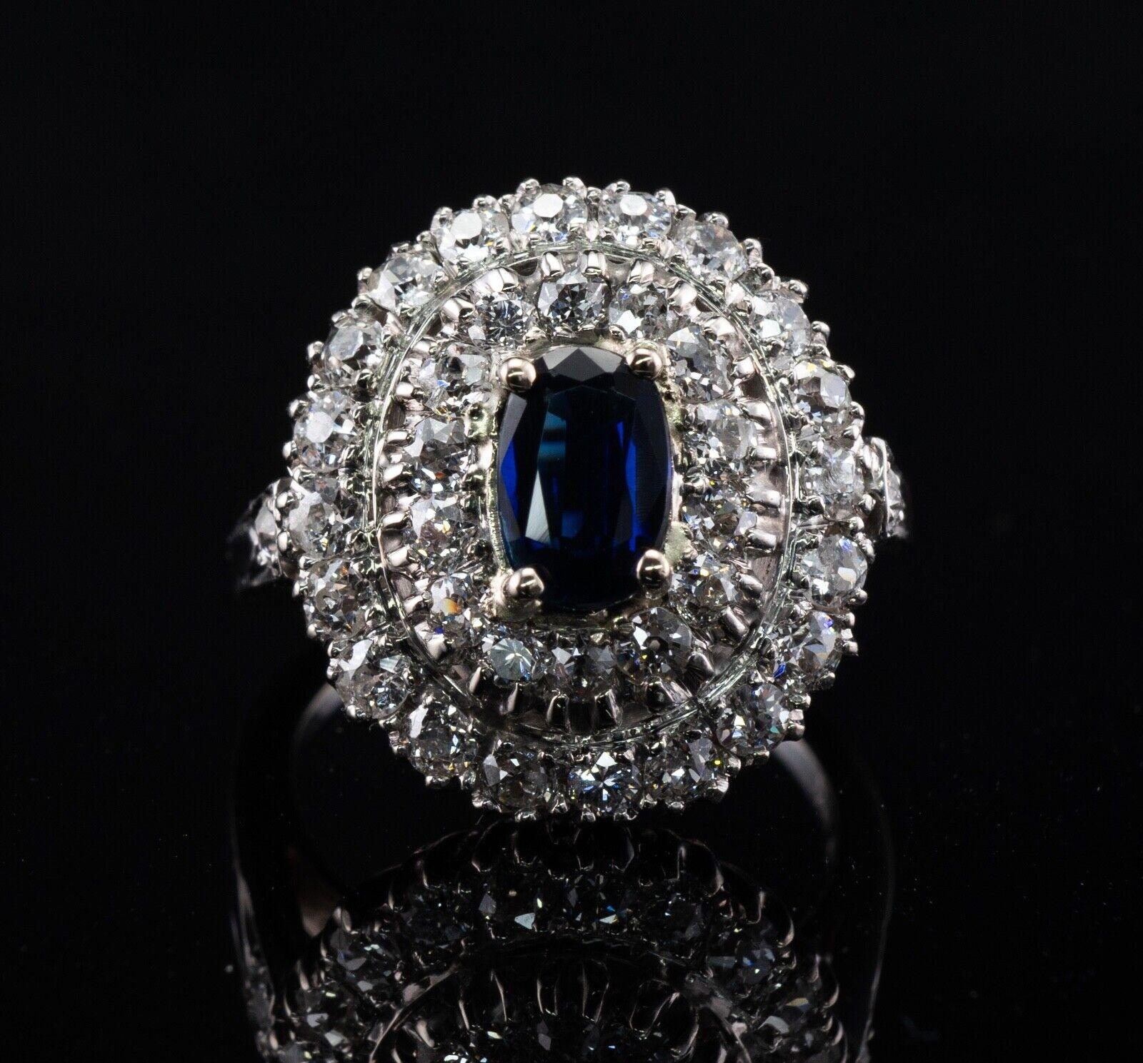 Minen-Diamant-Saphir-Ring 14K Weißgold Vintage (Alteuropäischer Brillantschliff) im Angebot