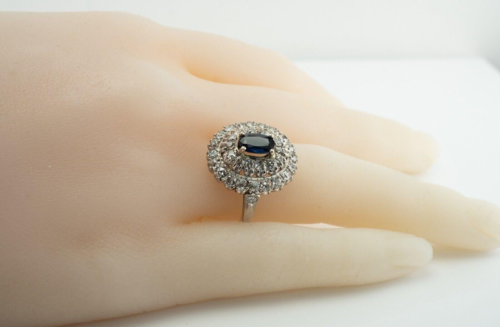 Old Mine Diamond Sapphire Ring 14K White Gold Vintage In Good Condition For Sale In East Brunswick, NJ