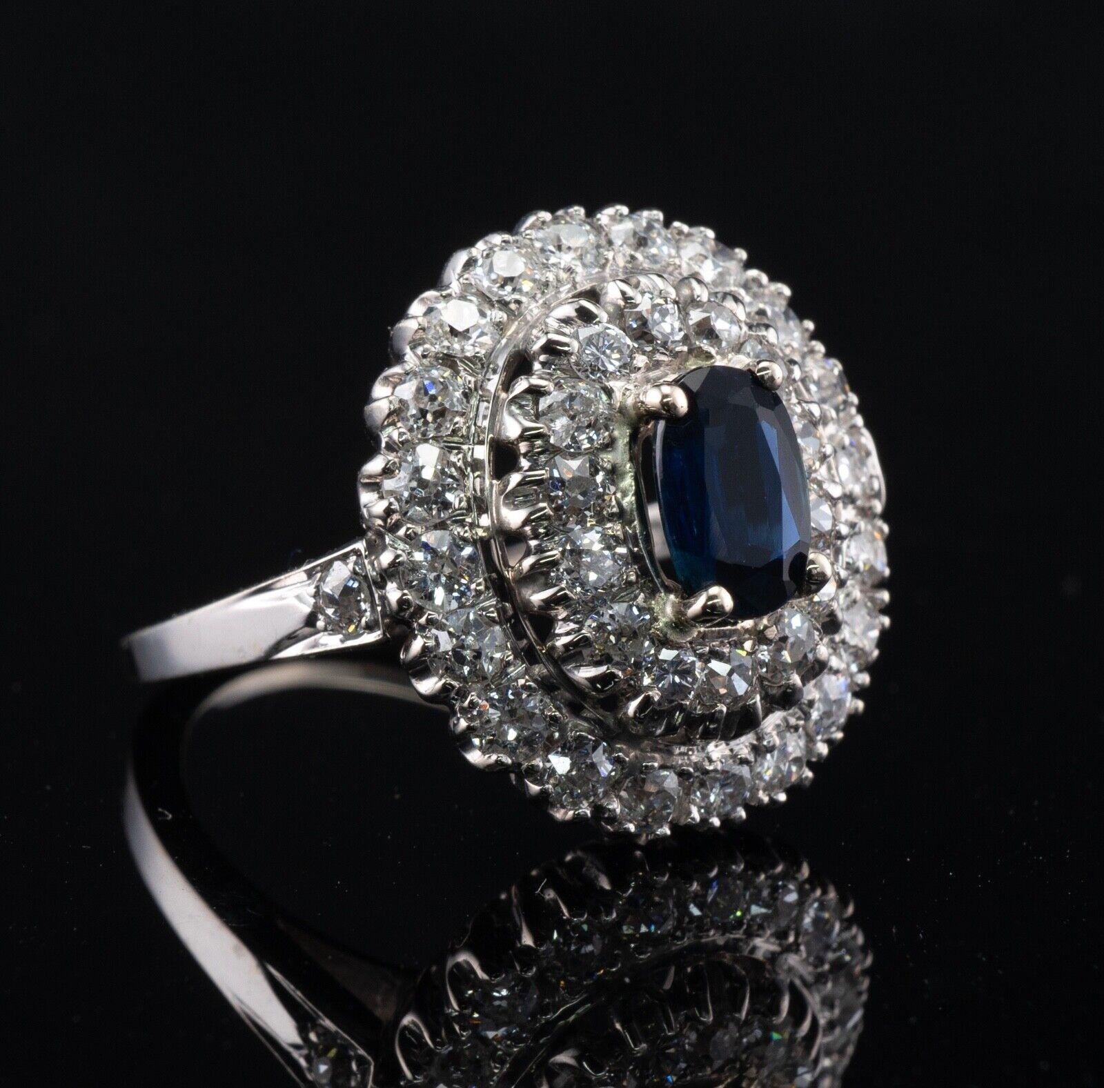 Women's Old Mine Diamond Sapphire Ring 14K White Gold Vintage For Sale