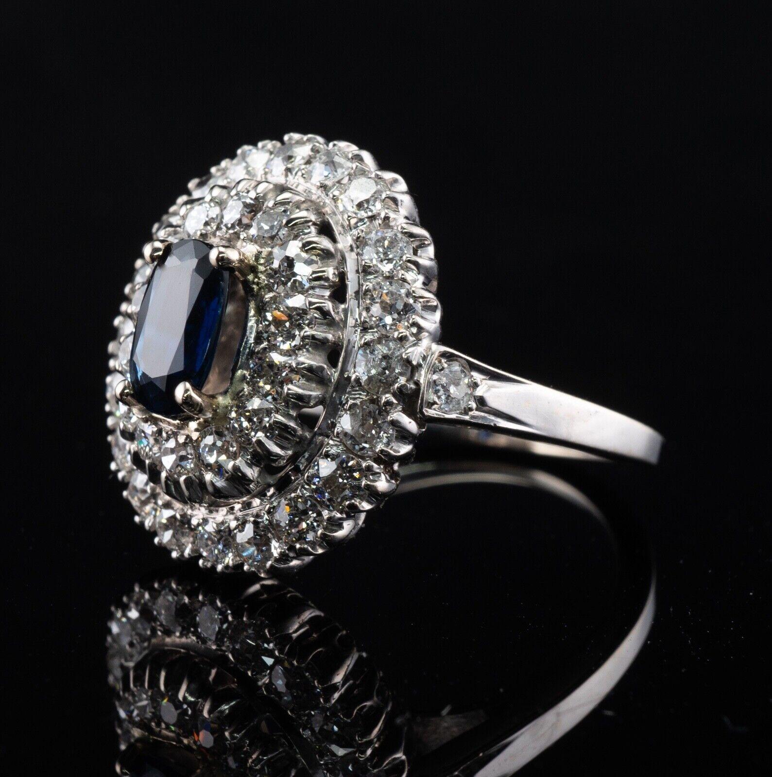 Old Mine Diamond Sapphire Ring 14K White Gold Vintage For Sale 1