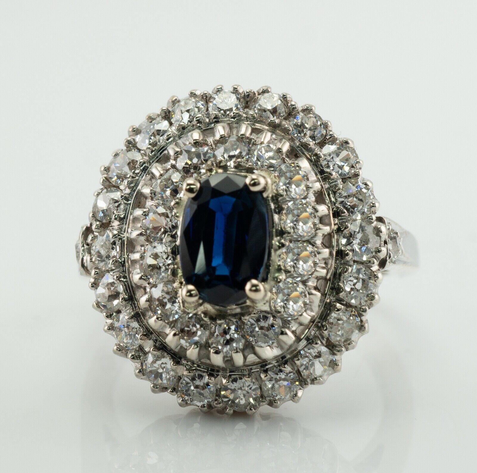 Old Mine Diamond Sapphire Ring 14K White Gold Vintage For Sale 2