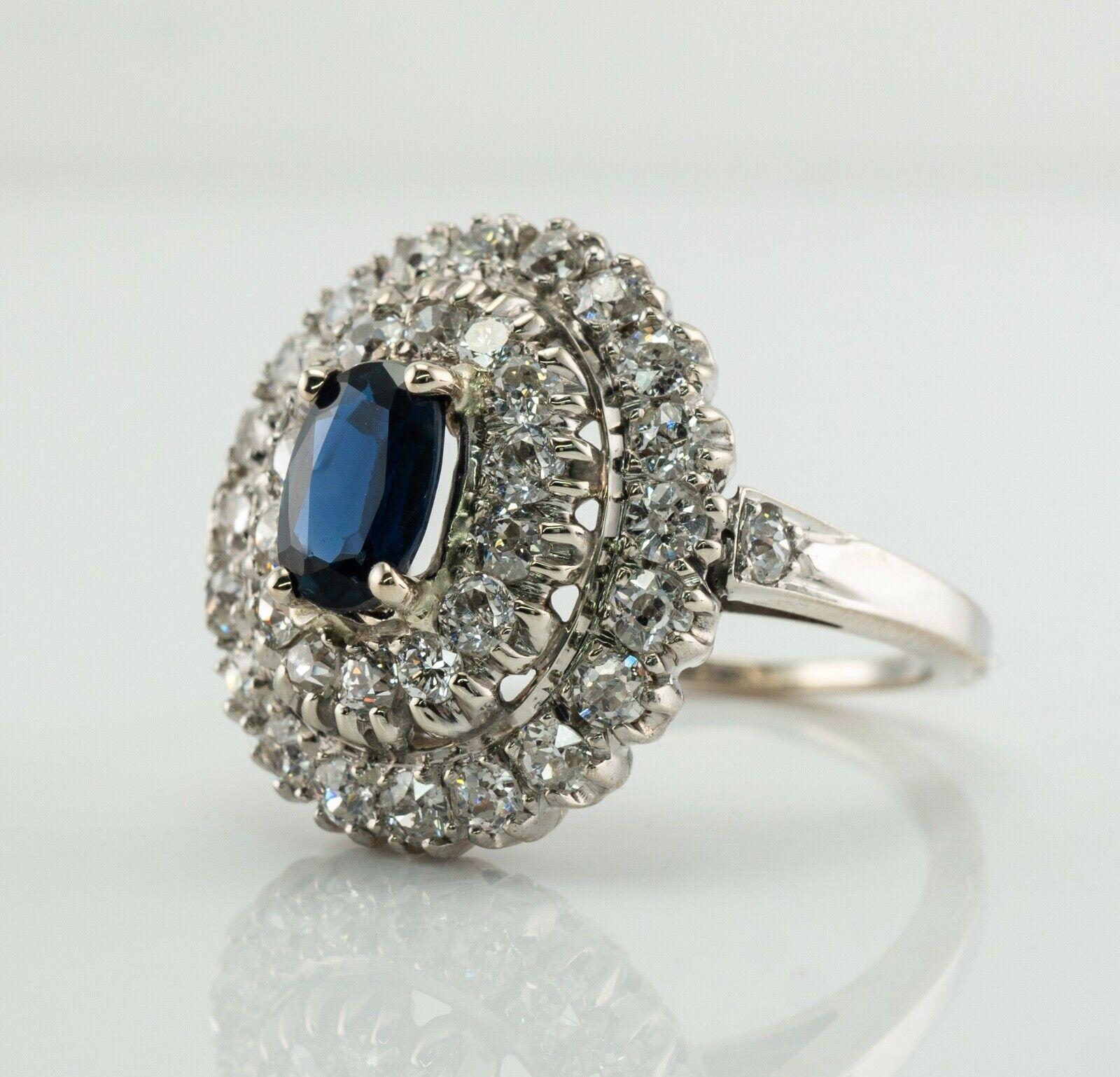 Old Mine Diamond Sapphire Ring 14K White Gold Vintage For Sale 3