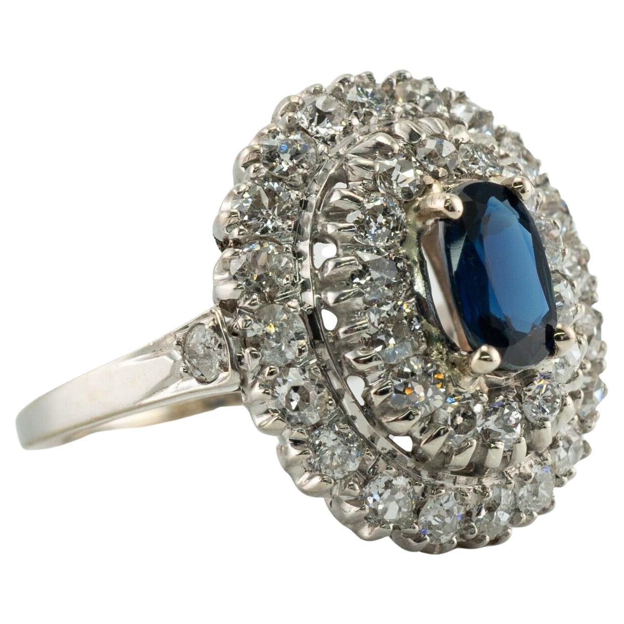 Anillo Zafiro Diamante Mina Antigua Oro Blanco 14K Vintage