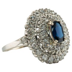 Old Mine Diamond Sapphire Ring 14K White Gold Retro