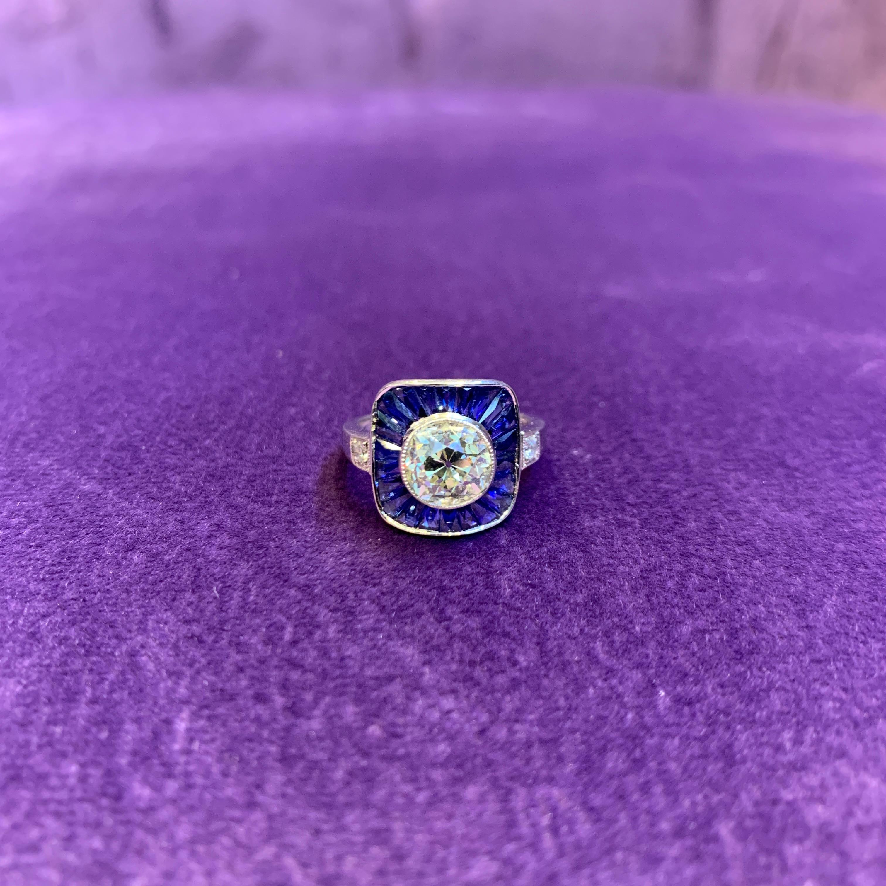 Old Mine Cut Old Mine Diamond & Sapphire Ring For Sale