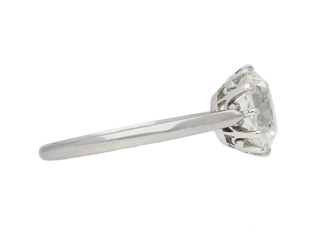 Old mine diamond solitaire engagement ring. Set to centre with a cushion shape old mine diamond, I colour, SI2 clarity with an approximate weight of 2.50 carats, in an open back claw setting, to an elegant solitaire featuring an intricately pierced