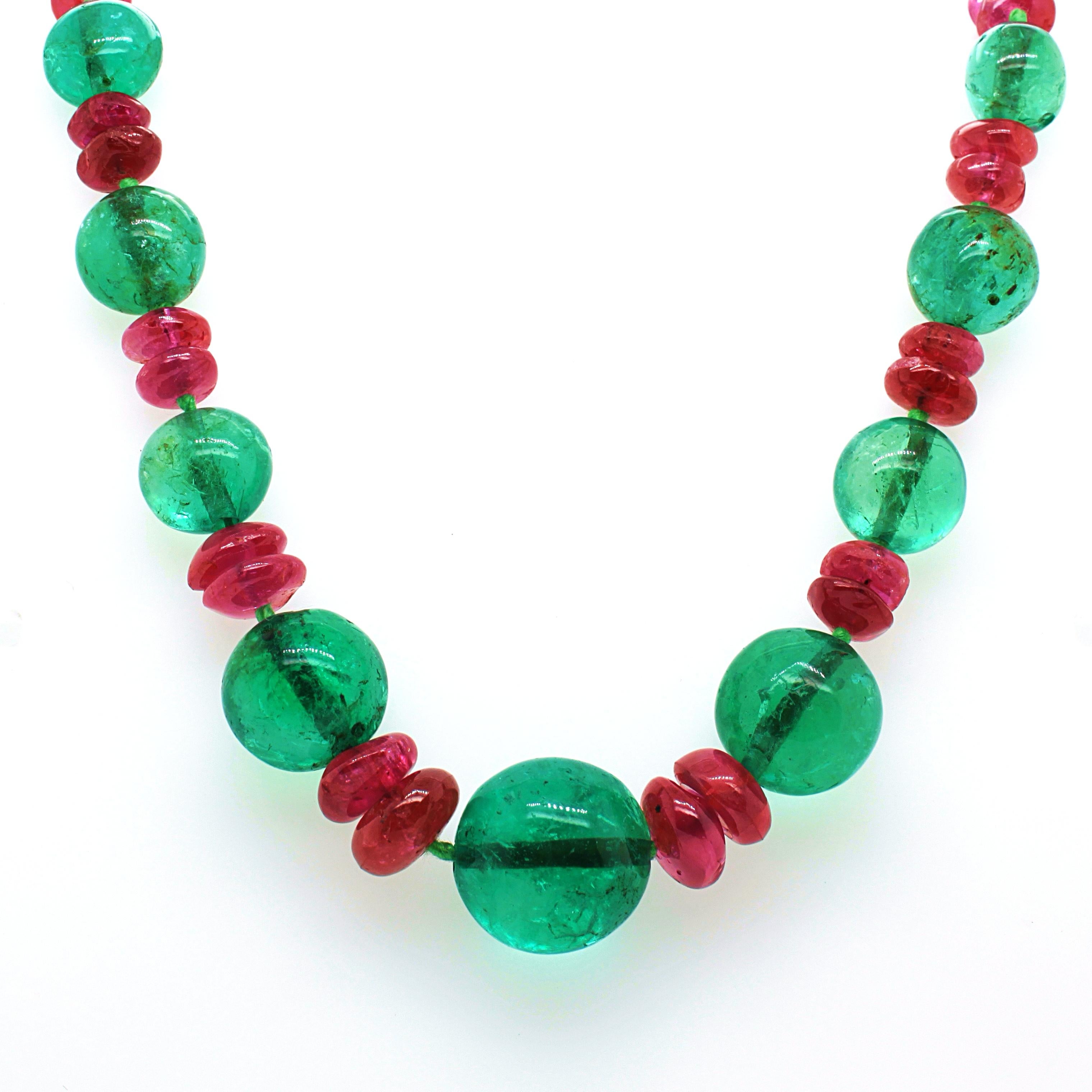 Bead Old-Mine Emerald, Ruby and Diamond Art Deco Necklace, France, ca. 1920s