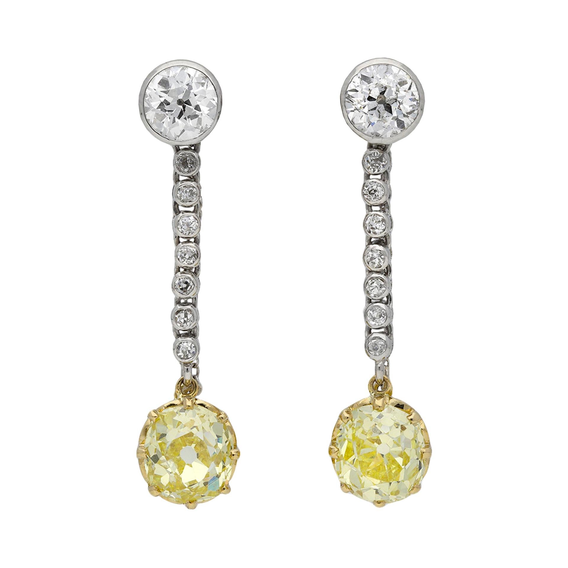 Pendientes de gota de diamante amarillo fantasía de Mina Antigua, circa 1910 en venta