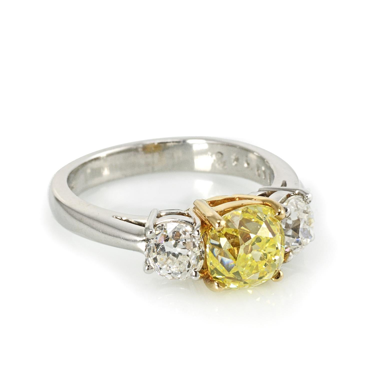 Modern Old Mine Fancy Yellow Vintage Cut Three-Stone Diamond Engagement Ring