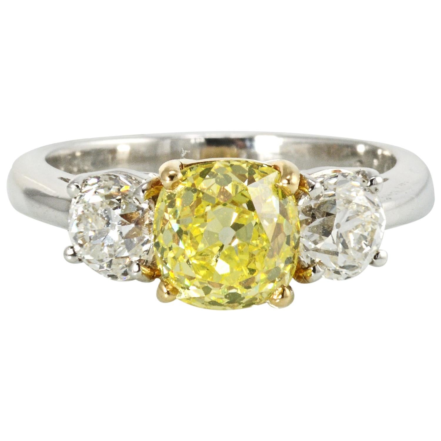 Old Mine Fancy Yellow Vintage Cut Three-Stone Diamond Engagement Ring