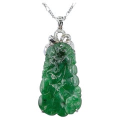 Old Mine Green Jadeite Carved Lotus & Ruyi Diamond Pendant in 18K White Gold