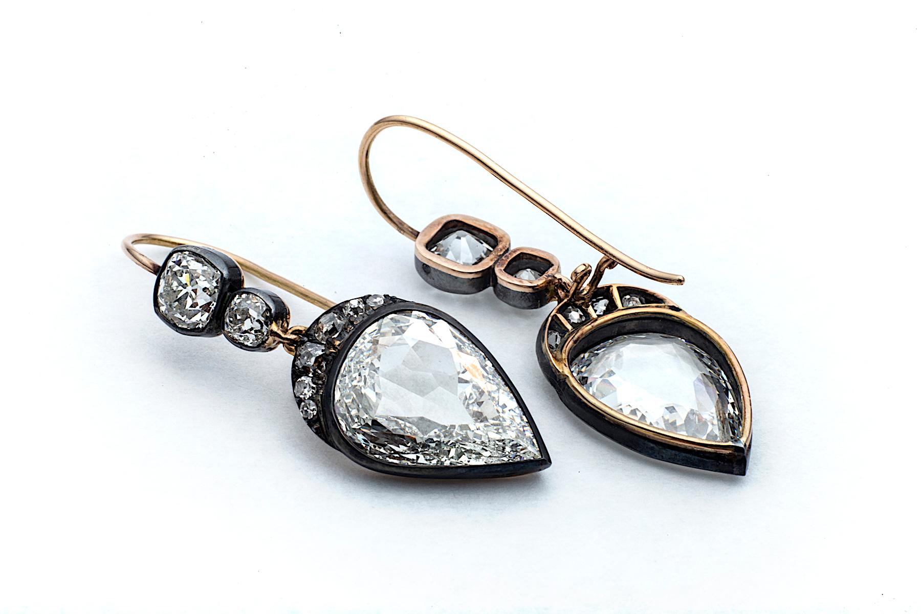 Contemporary Old Mine Pear Cut GIA Certified Diamond Gold Silver Drop Earrings